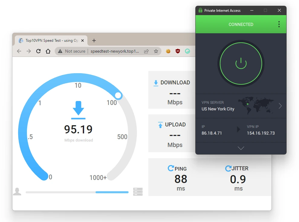 Private Internet Access (PIA) demonstrated commendable speed performance during my recent evaluation, with an average speed loss of 24% compared to my base internet speeds.